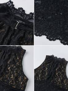 Women's Lace Tank Top Y2K Sheer Lace Slim Fit Blouse Summer Front Keyhole Slim Fit Vest Crew Neck Crop Tops Elegant Lace Cami Tops Going Out Blouse - 黑色 - 查看 4