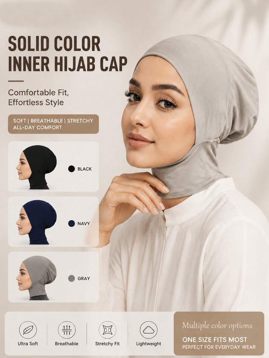 1PC Women's Fashion Solid Color Elastic Beanie Hat, Comfortable Breathable Muslim Hijab, Neck-Covering Casual Elegant Headscarf, Suitable For Daily Wear And Prayer - Solid Color Bottoming Hat - View 1