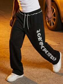 DAZY Suitable As A Father's Day Gift, Men's Casual Sports Pants, Letter Print, Unique Rolled Waistband, Drawstring Waist, Straight Leg Sweatpants - Black - View 3