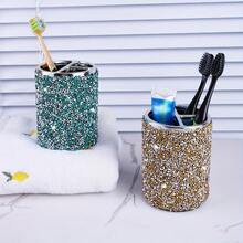 Sparkling Rhinestone Toothbrush Holder, Shiny Sequin Divided Storage Cup, Decorative Countertop Organizer, Suitable For Toothbrushes, Toothpaste, Makeup Brushes, Fashionable Vanity Decor For Home, Dorm And Hotel Bathrooms - Pink - View 3