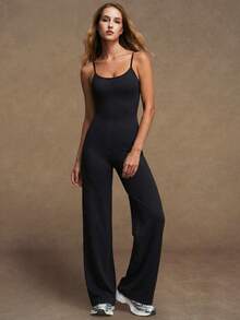 VVX Women's Wide Leg Yoga Jumpsuit Square Neck Adjustable Spaghetti Straps, Sleeveless Solid Color Workout Yoga Sports Gym Jumpsuit Unitard - Black - View 2