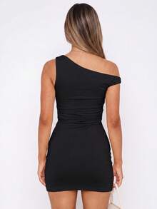 Women's Fashion Off-Shoulder Fitted Solid Color Bodycon Mini Dress, Lightweight Summer Fabric, Stretchy Knit Material Black Elegant - Black - View 4