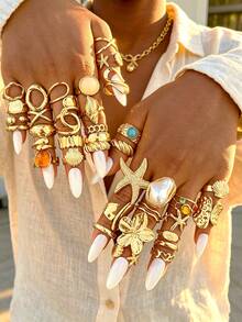 30/20/10/7pcs Multi-Piece Stackable Fashion Minimalist Elegant Exquisite Vintage Design Geometric Ribbon Heart Faux Gemstone Shiny Artificial Starfish, Shell Element Faux Pearl Wave Water Drop Bow Shape Chain Cross Texture Glossy Surface Minimalist Plain Metal Style Exaggerated Wide Chunky Ring Set, Holiday Vacation Party Date Gift, Daily Commute Wear, Personalized - Yellow Gold - View 5
