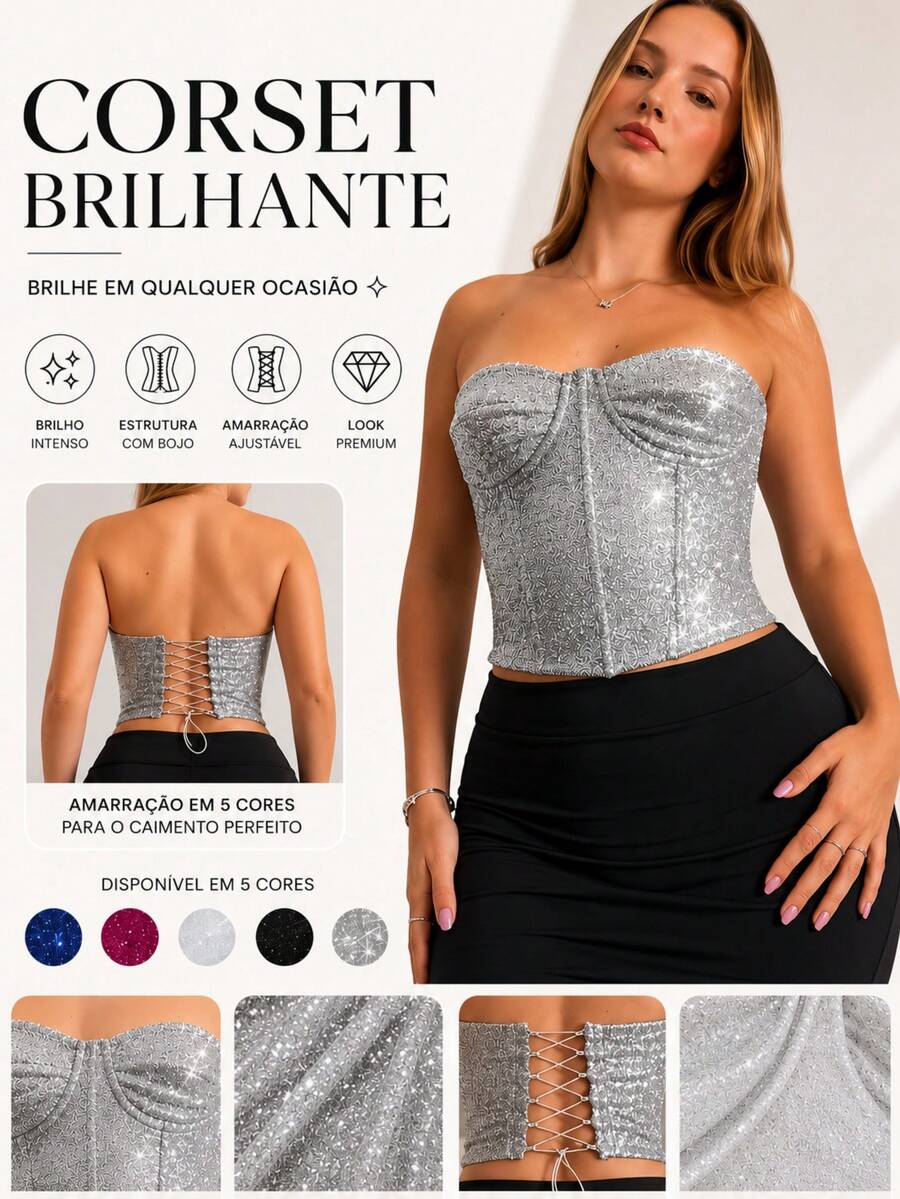 Shiny Corset With Padded Cups And Boning – Strapless Top, Tight, Sexy And Ideal For Parties Or Nightclubs - 銀色 - 查看 1