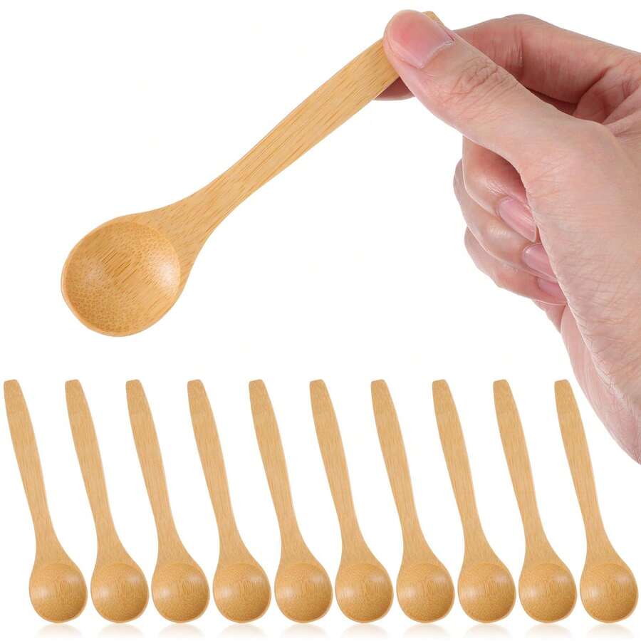 10pcs Mini Bamboo/Wooden Spoons, Natural Wood Short-Handled Small Spoons, Eating Soup, Coffee, Honey, Jam And Other Condiments, Lightweight And Convenient, Small Dessert Spoons, Christmas Gift, Back To School - View 1