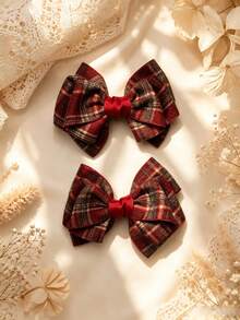 2pcs Red Grey Plaid Bow Hair Clips For Girl, Ribbon Edged Hair Bow,Alligator Clips For Daily,Party, Pastoral Style, Sweet Kids Hair Accessories - Multicolor - View 8