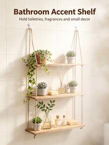 Bohemian Style Rope Hanging Plant Shelf - Wall-Mounted Rope Frame, Suitable For Plants, Artificial Wood Shelf, Space-Saving Decor For Living Room, Bedroom, Balcony - Easy Installation And Minimalist Aesthetic - Multicolor - View 2