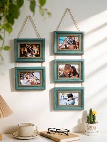 1pc Vintage Green Distressed Faux Wood Wall Hanging Photo Frame, Multi-Photo Collage Frame, Rope Connected, Farmhouse Style Decorative Frame, Suitable For Travel Memories, Portrait Photos, Aesthetic Wall Decor - Green - View 2