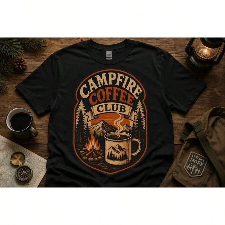 Camiseta del Club de Café de Campamento, Camiseta para Amantes del Café en el Campamento, Camiseta de Aventura al Aire Libre, Regalo para Campistas, Camiseta Gráfica Unisex para Senderismo - Negro - Ver 1