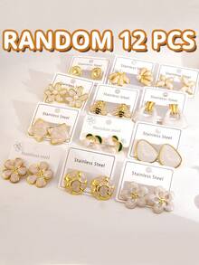 VceTd 8/12/14/16/24PCS Random Women's Earring Set, Decorated With White Enamel Craft, Gentle Girl Style Stainless Steel Stud Earrings Suitable For Women To Wear During Beach Vacation Or Casual Occasions - Yellow Gold - View 4