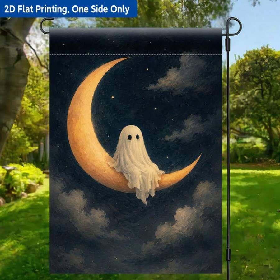 1pc 2D Flat Printed Garden Flag, Ghost On Moon Polyester Garden Flag, Single-Sided Print, Outdoor Holiday Decor, Suitable For Home And Yard, 11.8 X 17.7 Inches, Flag Pole Not Included