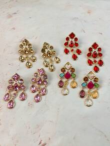 ZR Rhinestone Teardrop Pendant Earrings, Gold Exaggerated Party Jewelry - Geometric Colorful Rhinestone Earrings - View 4