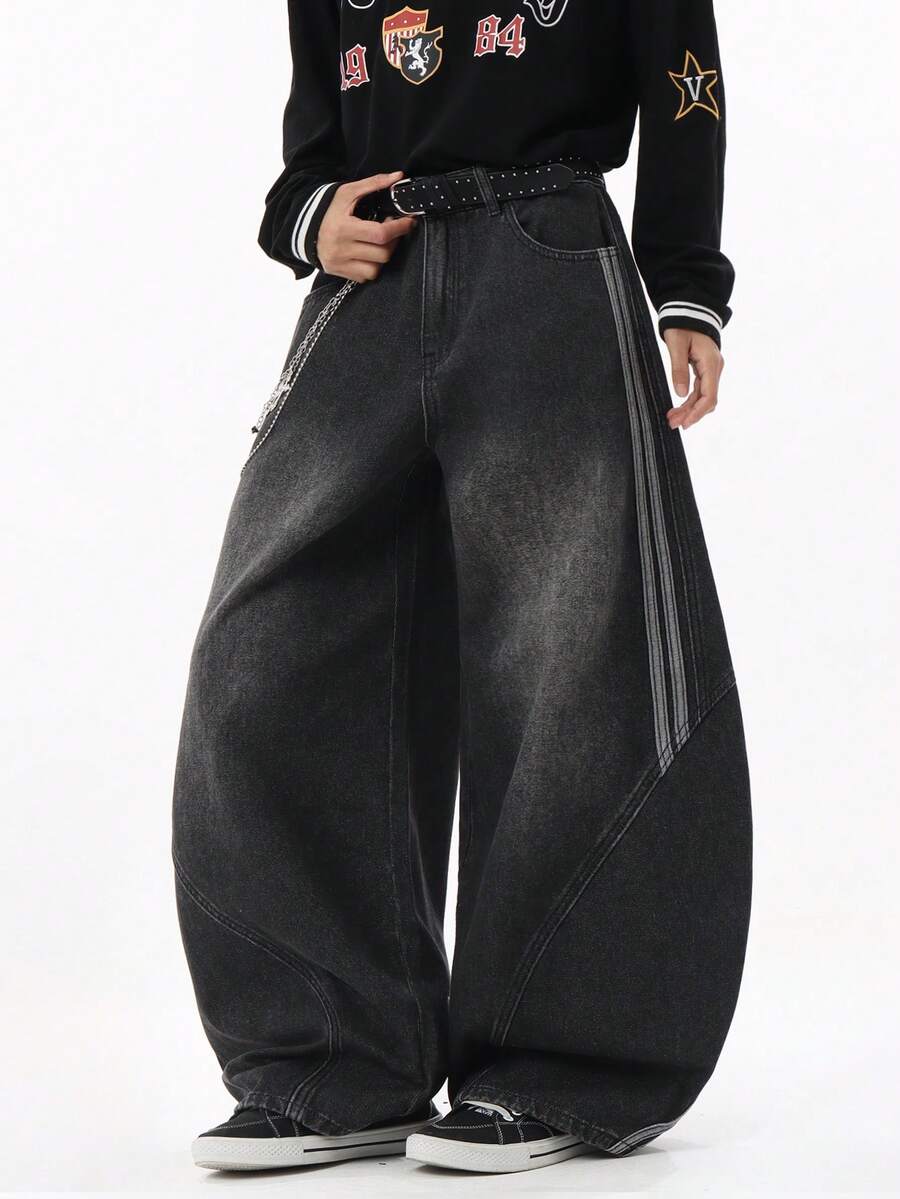 Hearty Haven 1pc Japanese Street Style Men's Patchwork Curved Leg Loose Comfortable All-Season Versatile Wide Leg Denim Jeans - No Belt And Accessories - Black - View 1