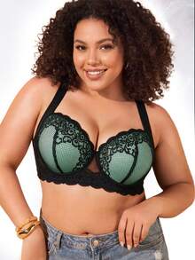 Plus Size Floral Lace Underwire Bra, Wide Strap Comfortable Style, Full Coverage Design, Exquisite Lace Details, Supportive Underwire For Lifted Bust - Mint Blue - View 7