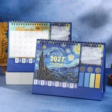 2027 Desktop Calendar With Stickers Oil Painting Theme 12 Months Weekly Monthly Planner, Portable Schedule Organizer For Office, Home, School, Decorative Calendar, Perfect For New Year, Birthday Gift - Single Piece - View 4