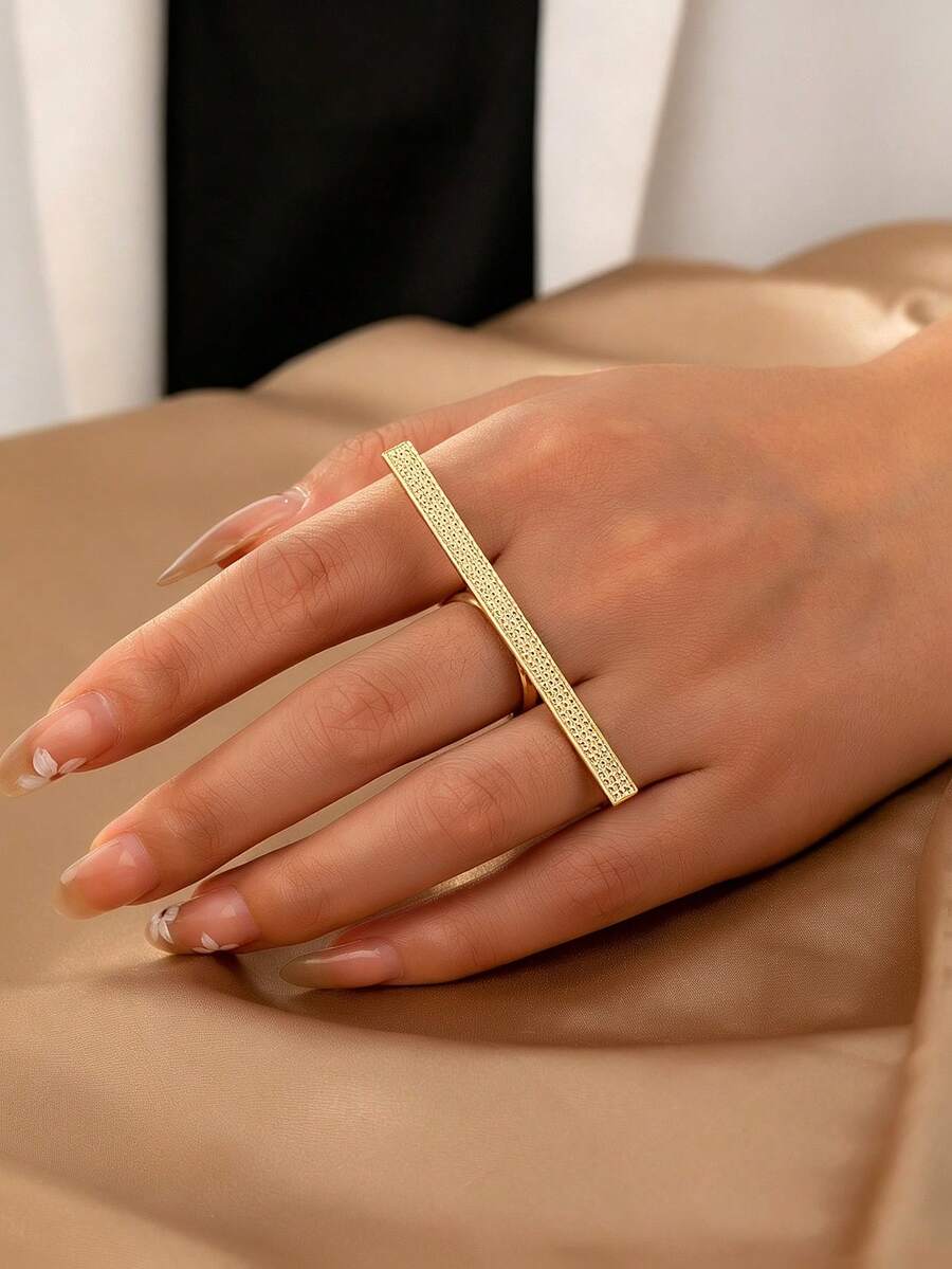 1件/套 女款粗幾何長條寬面星空紋理戒指 - 金黃色 - 查看 1