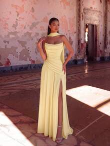 ADYCE Elegant Halter Tie Ribbon Sweetheart Neckline High Waist Pleated High Split Open Back Floor-Length Party Dress Prom Birthday Party Evening Christmas - Light Yellow - View 1