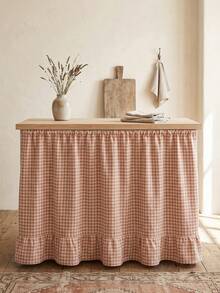 1pc Khaki White Plaid Table Skirt, Warm Natural Style, Rectangular With Ruffle Edge And Pleated Details, Concealing Storage And Decorative Function, Suitable For Home Storage And Indoor Decor Scenes - Khaki - View 3
