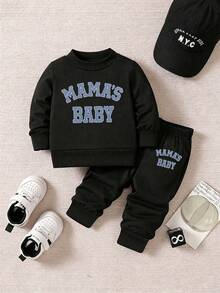Baby Boy Letter Print Crew Neck Sweatshirt And Sweatpants Casual Set - Black - View 7