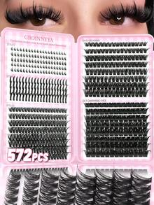 GROINNEYA 572片大容量個人假睫毛書 漫畫尖銳簇狀睫毛 5款 DIY 隨機妝容用，自然感 D捲 蓬鬆柔軟纖維簇狀假睫毛，適合日常佩戴，可自行貼敷 - C - 查看 7