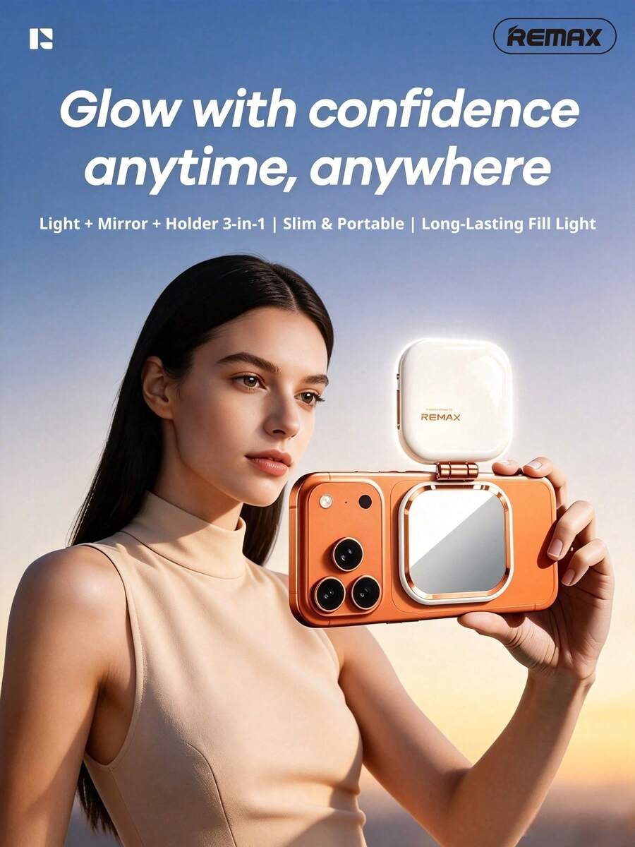 REMAX Magnetic Phone Fill Light With Built-In Makeup Mirror, 360° Rotation, 750mAh Long Battery Life, 3-Color Adjustable Warm/Cool Light, Portable Selfie & Live Streaming Light - White - View 1