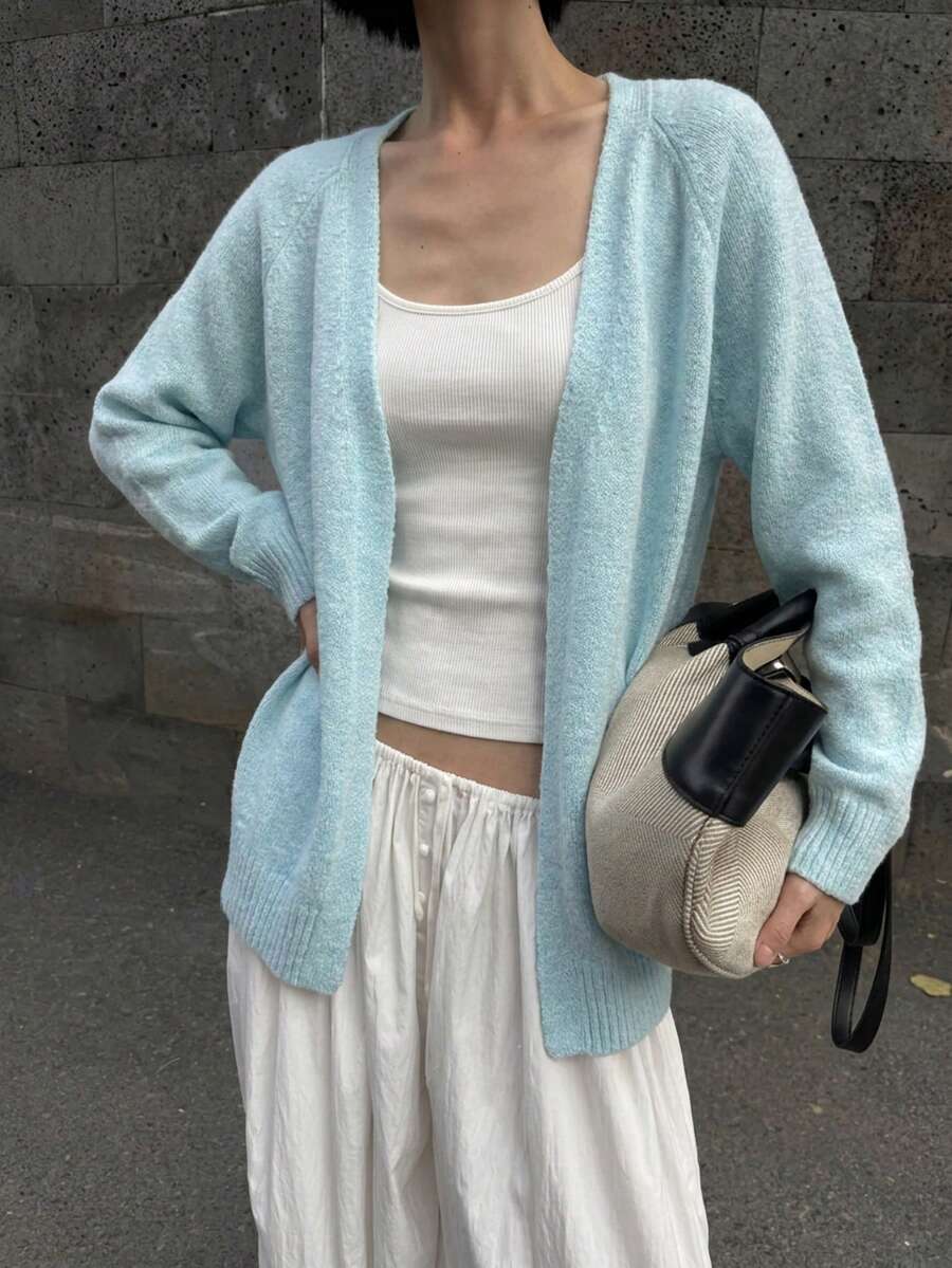 Women's Light Blue Fuzzy Knit Loose Cardigan, Regular Length Short Sleeve Open Front Comfortable Sweater, Suitable For Spring - Blue - View 1
