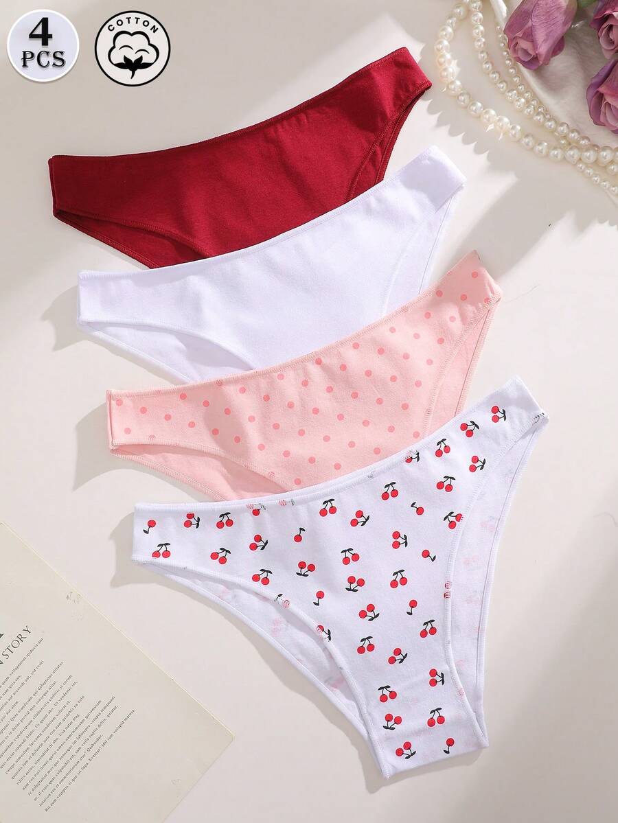 FINETOO 4 Peças Calcinhas Triangulares de Cintura Baixa Femininas em Algodão Puro, Estilo Pastoral com Estampa de Cereja e Poá, Confortáveis e Macias, Conjunto de Roupa Íntima Feminina S-XXL - Multicolorido - Visão 1