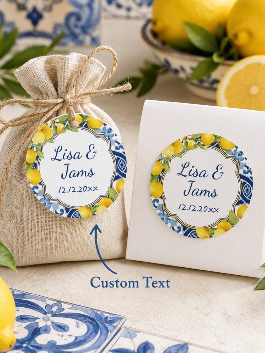 Personalized Round Wedding Stickers, Customized Lemon Floral Name Labels, Mediterranean Style Party Favor Stickers, Wedding Decoration Stickers, Birthday Gift Packaging Labels, Anniversary Gift, Customized Celebration Cards, Elegant Event Supplies, Envelope Seal Stickers - Multicolor - View 1