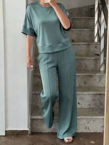 Vaiaye Women's Summer Green Sports 2 Pieces Set, Short Sleeve Top + Wide Leg Sports Pants, Suitable For Gym, Streetwear, Beach And Vacation Elegant - Dark Green - View 9