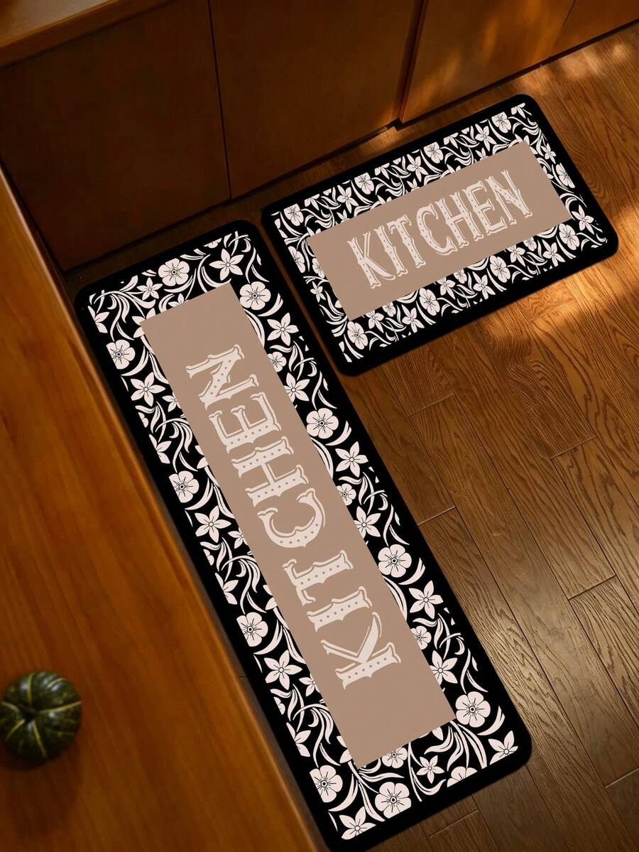 1pc Black Background White Vintage Floral Vine Pattern Kitchen Rug, 3.5mm Cuttable Soft Rubber Kitchen Anti-Slip Mat, Floor Mat Suitable For Bathroom Mat, Hallway Carpet, Outdoor Garden Decor. - Multicolor - View 1