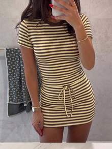 Unadoll Women's Autumn Yellow & Brown Striped 2 Pieces Set, Round Neck Short Sleeve Cropped Top With Drawstring Mini Skirt Elegant Summer - Yellow-brown Stripes - View 6