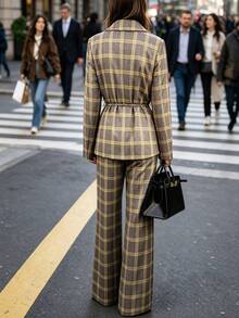 Women's Plaid Lapel Tie Blazer And Wide Leg Pants Set, With Buttons, Suitable For Autumn/Winter Wear - Multicolor - View 5