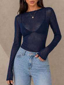 ChicMe Women's Boat Neck Long Sleeve Slim Fit T-Shirt, Sexy Sheer Mesh Tulle Base Layer Top, Suitable For Outings And Parties - Navy Blue - View 10