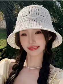 黑色鏤空鉤編水桶帽附金屬標牌，女款透氣防曬夏季水桶帽 - 彩色 - 查看 5