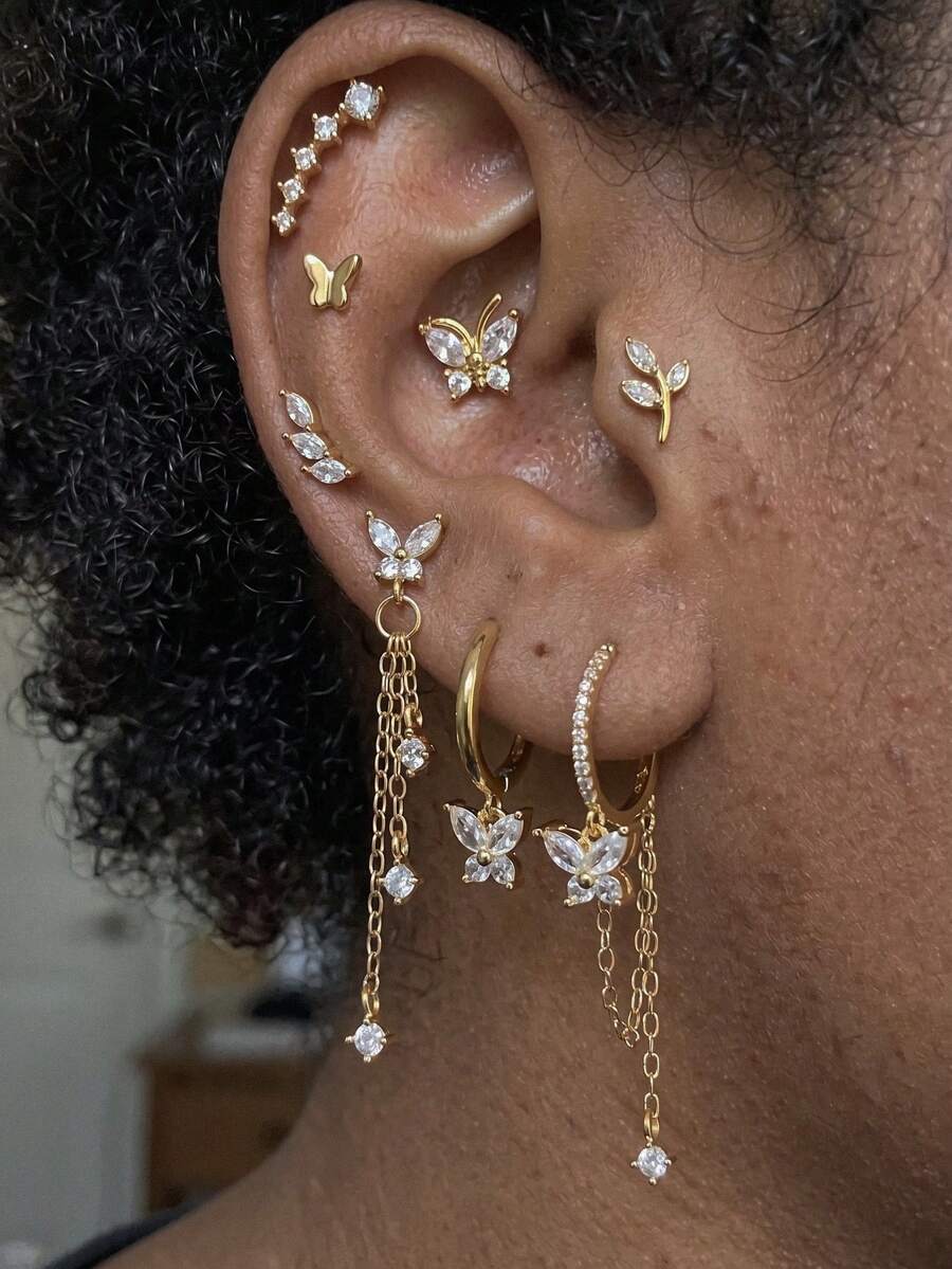 8pcs Elegant Earring Sets Earrings Stack Golden Silvery Butterfly Chain Tassel Zirconia Hoop Stud Stack Party Daily Wear Gifts