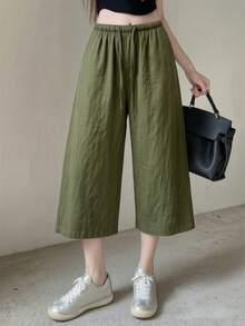 Women's Cropped Length Wide Leg Pants, Summer New Style Elastic Waist Drawstring Lightweight Breathable, Slouchy, Loose Versatile Casual Pants, Suitable For Daily Wear - Army Green - View 7