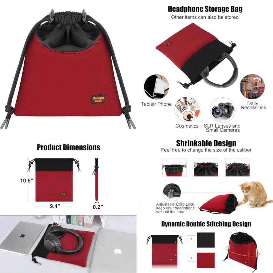 Portable Headset Carrying Pouch, Lightweight Headphone Storage Bag Headphone Case Bag Soft Travel Pouch For Over-Ear Headphones/Gaming Headsets/Neckband Earbuds - Large Red - View 1