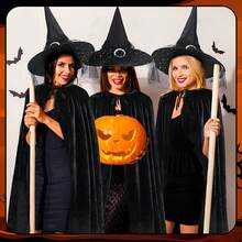 Adult Witch Black Long Plush Cosplay Cloak And Hat Halloween Costume Set, Vintage Medieval Witch Robe With Hooded Collar, Machine Washable Long Formal Cape, Suitable For Stage Performance, Role Play Party, Theme Event, Halloween Vampire Witch Cosplay, Party Photo Atmosphere, Stage Performance Party Decoration - Multicolor - View 5