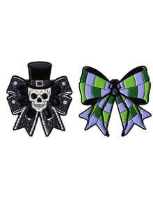 2pcs/Set Dark Gothic Skull Bow Brooch, Fashionable Decorative Pin For Women's Bags And Clothing, Ideal Halloween Gift - Multi-color B - View 6
