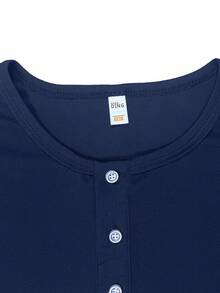 Kemeja Henley Lengan Panjang Longgar Polos Kasual Pria Warna Biru Tua dengan Kancing Depan - Navy Blue - View 7