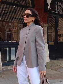 GMFP Grey Stand Collar Asymmetric Front Button Short Blazer Jacket For Women, Daily Gathering Y2K Back To School Graduation Season Halloween Fall - Khaki - View 5