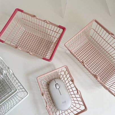 Mini bureaubladopbergbak in de stijl van een winkelmandje met draagbaar handvat, schattige, meisjesachtige organizerbak in effen kleur, multifunctionele opbergbak voor kantoorartikelen, cosmetica en kleine dagelijkse spullen, geschikt voor tienermeisjes en studenten, voor bureau, slaapkamer en studentenkamer
