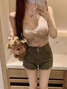 極簡性感蕾絲V領吊帶上衣，附胸墊杯，優雅短版修身露背襯衫，休閒款 - 卡其色 - 查看 5