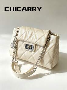Women's Elegant Beige Chain Quilted Diamond Pattern Square Bag, Suitable For College Students, Commuting, Outdoor Travel, Shoulder Bag, Minimalist Versatile, Perfect For Shopping, Dating, Work - White - View 6