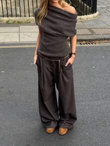Dark Brown Square Neck Short Sleeve Knit Top, Loose Fit, Lazy Style, Slimming, Versatile Base Layer - Brown - View 5