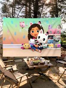 MASSDI Gabby Dollhouse 生日快樂 Gabby Cat 主題攝影背景布，多色卡通角色圖案派對背景布，防皺輕量橫幅，適合生日拍照、室內慶祝場景裝飾 - 多款 - 查看 10