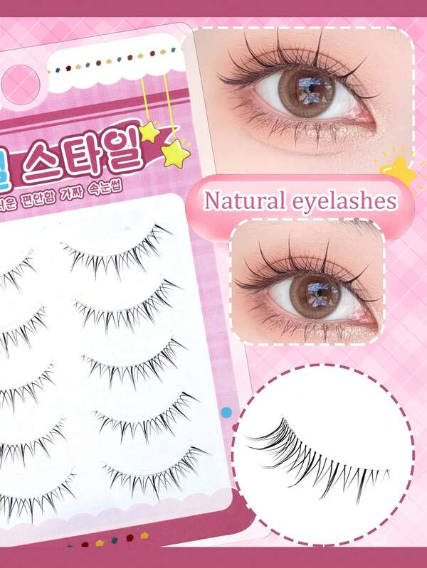 5 Pairs Pointed Tail Cartoon Eye Realistic False Eyelashes, Invisible Comfortable One-Piece Handmade Soft Fur Lightweight Japanese Style Big Eye Sweet Fake Lashes