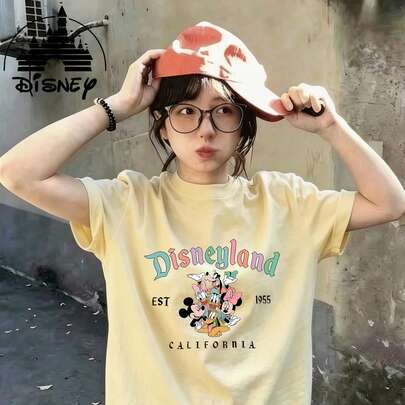 ディズニー夏用半袖Tシャツ、アメリカンソフトガールズスタイル ディズニーリゾートワールド トイ・ストーリー ウッディ＆バズ・ライトイヤー ファミリープリント、春夏新作 万能トップス セクシーでおしゃれで可愛い