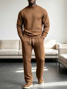 Set Sweatshirt dan Celana Jacquard Pria Musim Gugur/Dingin - Coklat - View 1