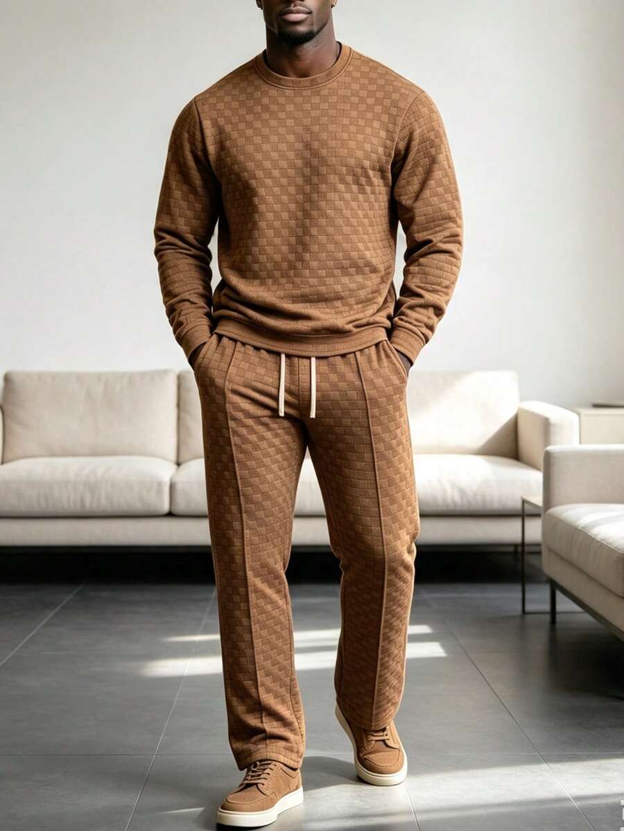 Set Sweatshirt dan Celana Jacquard Pria Musim Gugur/Dingin - Coklat - View 1